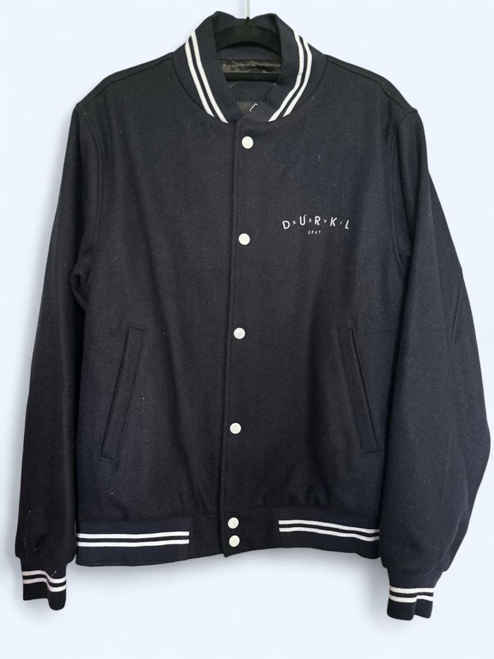 DURKL Navy Blue Wool Varsity Jacket White Curly Embroidery M